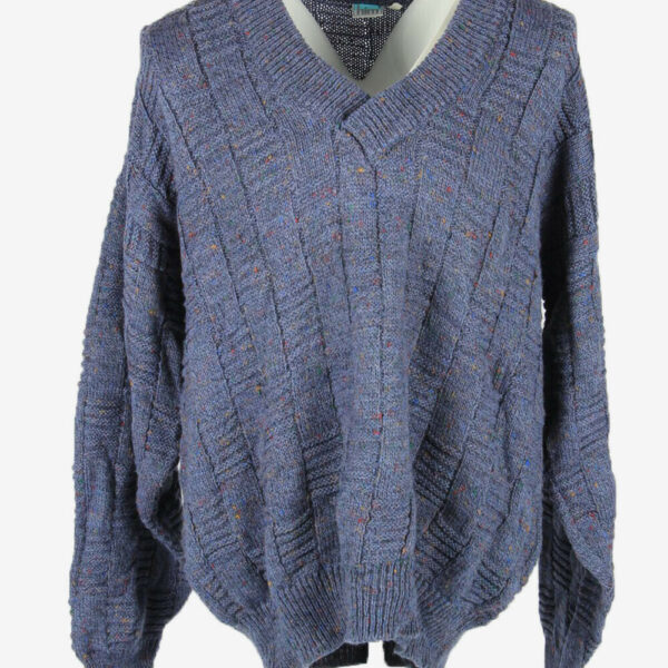 Cable Knit Wool Jumper Vintage Shawl Neck Pullover 90s Blue Size XL