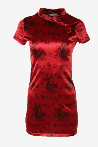 Dragon Print Mini Kimono Dress Vintage Short Sleeve 90s Red Size UK 4/6