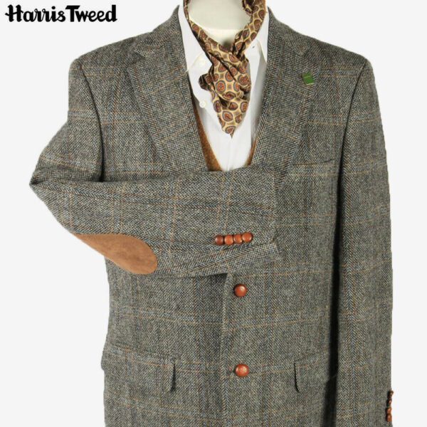 Harris Tweed Vintage Blazer Jacket Windowpane Elbowpatch Grey Size L