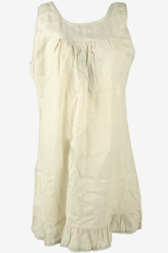 Plain Linen Mini Dress Vintage Crew Neck Lace Detail Retro 90s Beige L