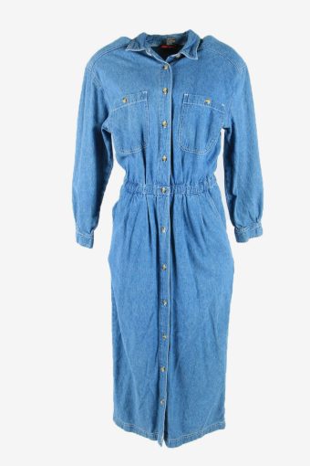 Plain Maxi Denim Dress Vintage Collared Button Up Casual Blue Size S
