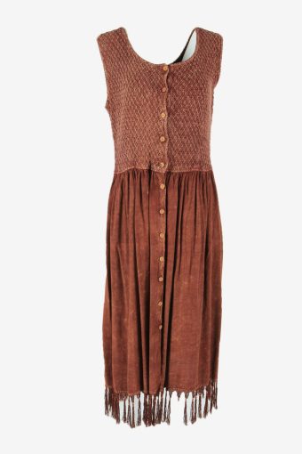 Plain Maxi Dress Vintage Scoop Neck Elastic Waist Button Up Brown Size L