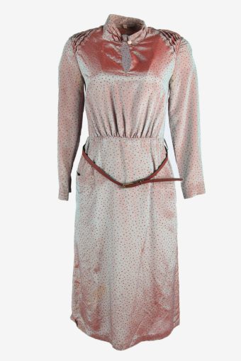 Polka Dot Midi Dress Vintage V Neck Long Sleeve With Belt 90s Multi Size S