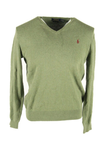 Polo Ralph Lauren Plain Vintage Sweater V Neck Jumper Khaki Size M