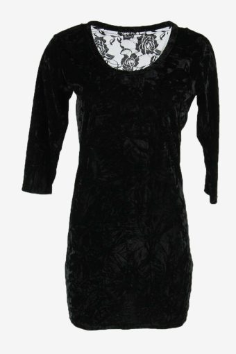Velvet Midi Dress Vintage Crew Neck Elastic Waist Black Size M
