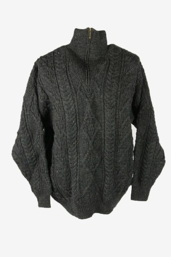 Vintage Cable Knit Wool Jumper Turtle Neck Zip 90s Dark Grey Size XL