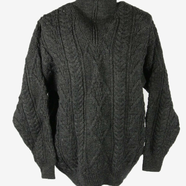 Vintage Cable Knit Wool Jumper Turtle Neck Zip 90s Dark Grey Size XL