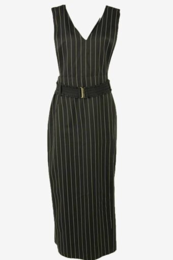 Vintage Cross Strap Sleeveless Dress Striped Retro 90s Black Size UK 16
