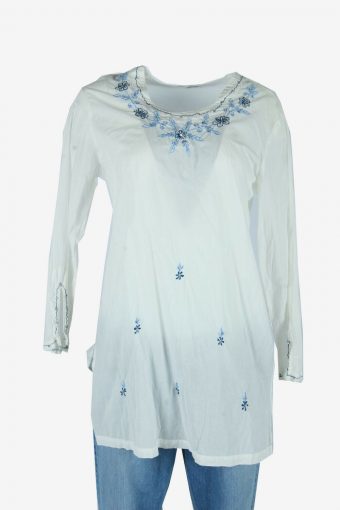 Vintage Embroidered Blouse Cotton Hippie Gypsy Top Kaftan White Size M