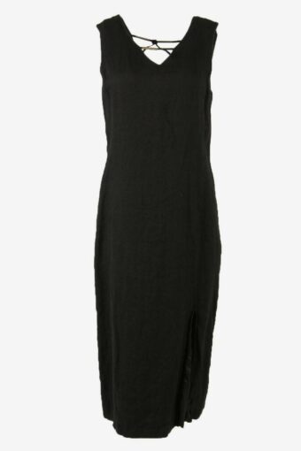 Vintage Linen Long Dress Lined V Neck Side Vent 90s Black Size UK 16