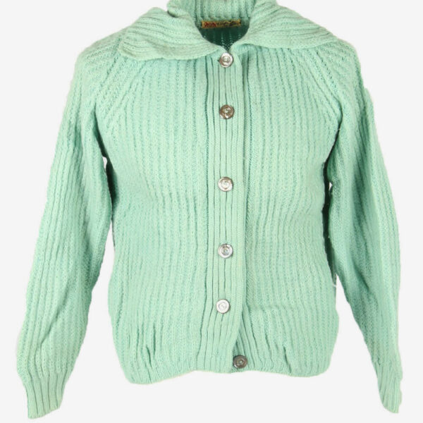 Vintage Wool Cardigan Cable Knit Collared Button 90s Turquoise Size L