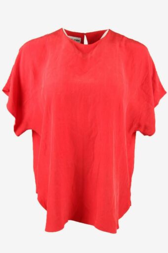 100% Silk Top Blouse Plain Keyhole Short Sleeve 90s Red Size UK 12