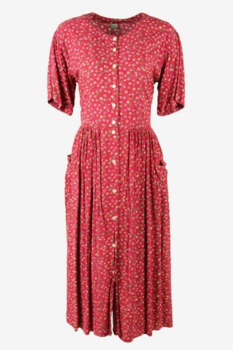 Floral Long Dress Vintage V Neck Adjustable Waist Retro 90s Hot Pink S
