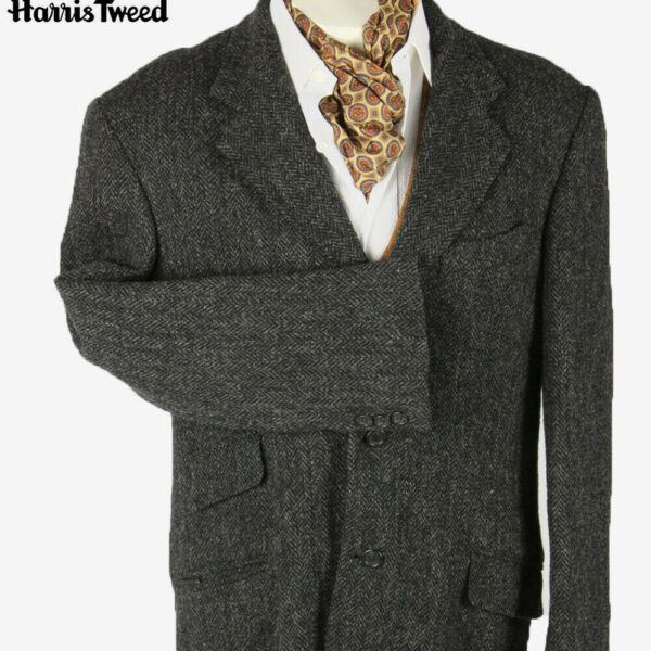 Harris Tweed Vintage Blazer Jacket Herringbone Weave 80s Grey Size L