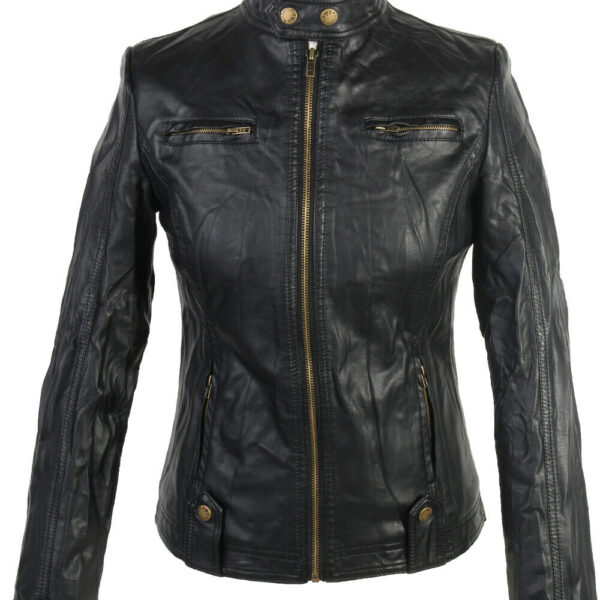 New Womens Faux Pu Leather Biker Jacket Ladies Black