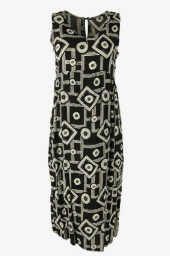 Patterned Long Dress Vintage Scoop Neck Adj Waist 90s Black Size M