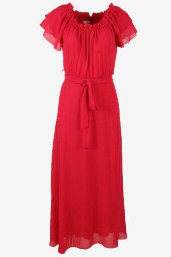 Plain Maxi Dress Vintage Ruffle Belted Lined Elegant 90s Red Size 38