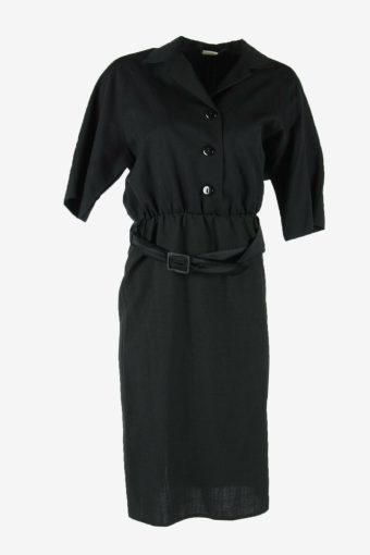 Plain Midi Dress Vintage Collared Elastic Waist Casual Black Size M