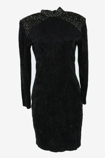 Velvet Midi Dress Vintage High Neck Style Party Gorgeous Black Size M