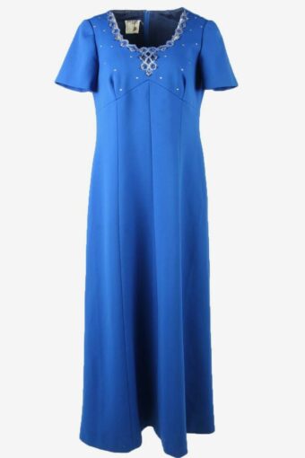 Vintage Embroidered Sleeveless Dress Retro 90s Blue Size UK 12/14
