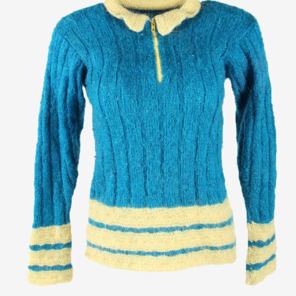 Vintage Jumper Knit Long Sleeve Collared Warm 90s Blue Size S