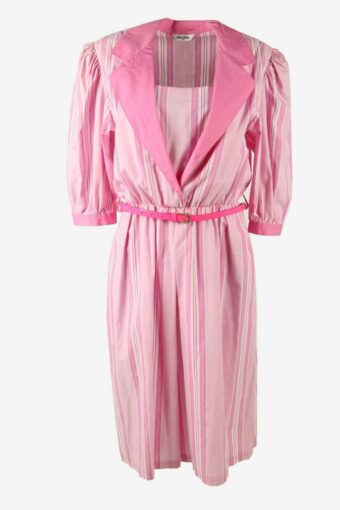 Vintage Long Dress Striped Belted Collared Neck Retro 90s Pink Size 40