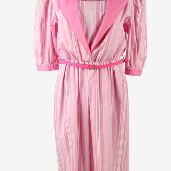 Vintage Long Dress Striped Belted Collared Neck Retro 90s Pink Size 40