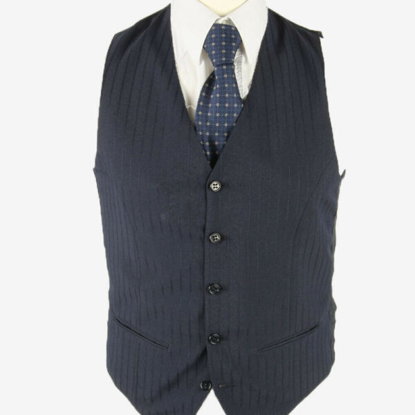 Vintage Waistcoat Gilet Striped Vest Button Up Retro 90s Navy Size S
