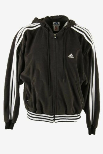 Adidas Track Top Hooded Vintage Full Zip 3 Striped 90s Black Size UK 12