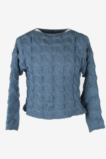 Aran Cable Knit Jumper Vintage Crew Neck Pullover 90s Blue Size L
