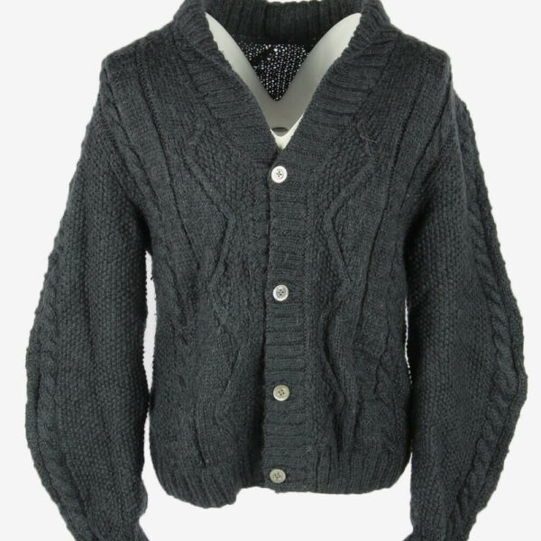 Cable Knit Wool Cardigan Vintage V Neck Button Pullover Dark Grey Size M
