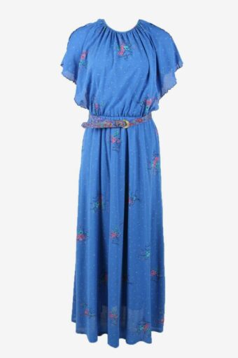 Floral Maxi Dress Vintage Lined Belted Long Elegant 90s Blue Size S/M