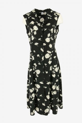 Flowers  Print Dress Midi Dress Sleeveless Collared Retro Black Size XL