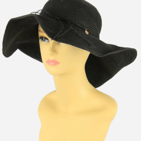 Foldable Women Straw Hat Sun Bowknot Travel Beach 80s Black Size 56 cm