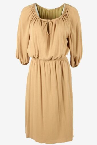 Vintage Midi Dress Lined Elasticated Waist 80s Coffee Size UK 12