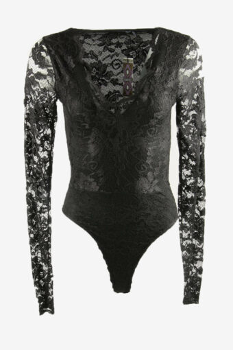 Sheer Mesh Bodysuit Embroidered V Neck Party Coktail Black Size S