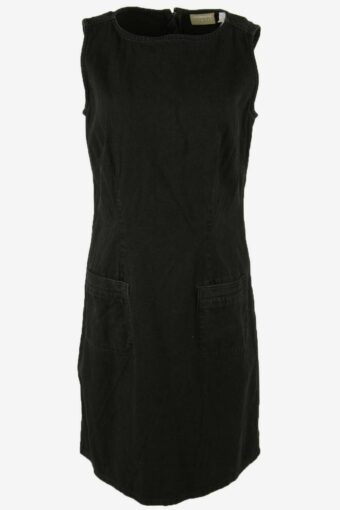Vintage Denim Midi Dress Crew Neck Pockets Retro 90s Black Size UK 10
