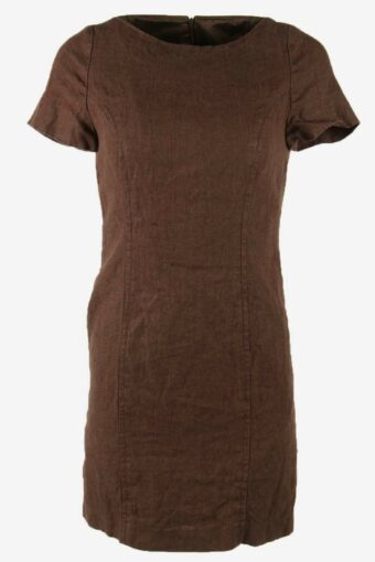 Vintage Linen Mini Dress Crew Neck Retro 90s Dark Brown Size UK 8/10
