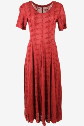 Vintage Long Short Sleeve Dress Embroidered Retro 90s Burgundy Size UK 8