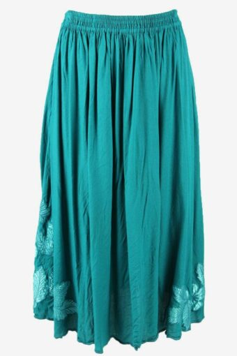 Vintage Long Skirt Embroidered Lined Elasticated Waist 90s Teal Size M