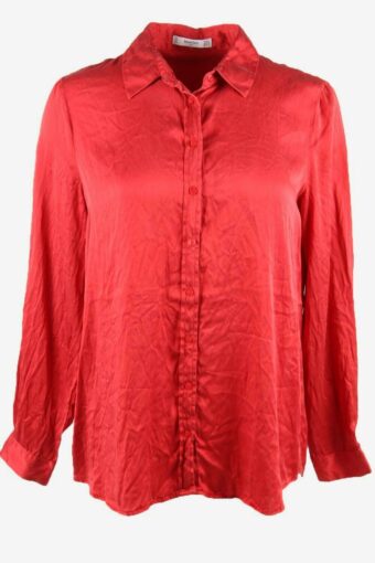 100% Silk Mango Top Blouse Button Down Long Sleeve Retro 90s Red Size L