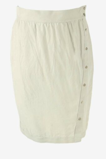 100% Silk Midi Skirt Vintage Button Down Retro 90s Light Grey UK 14