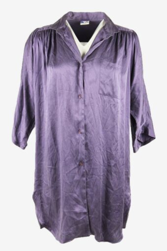 100% Silk Vintage Top Blouse Button Down Long 90s Purple Size UK 8/10