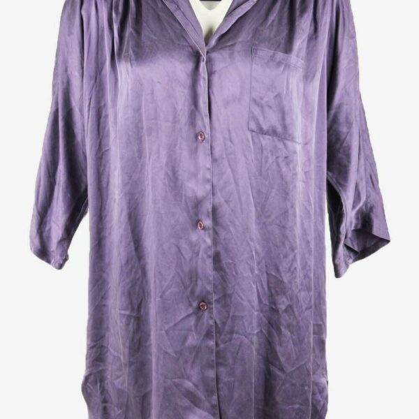 100% Silk Vintage Top Blouse Button Down Long 90s Purple Size UK 8/10