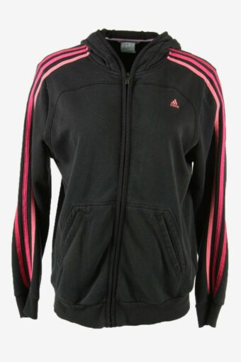 Adidas Track Top Hooded Vintage Full Zip 3 Striped 90s Black Size UK 18