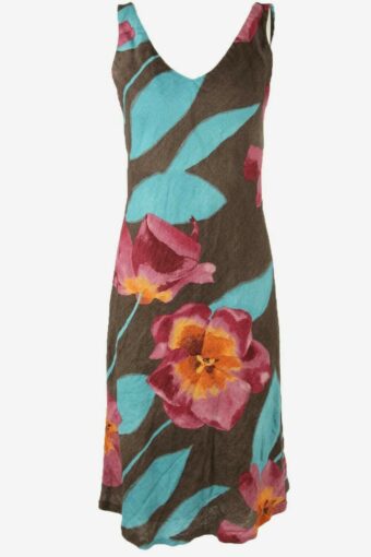 Floral Linen Long Dress Vintage V Neck Lined Retro 90s Size UK 10