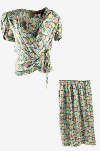 Floral Midi Top And Skirt Set Vintage V Neck Elegance Multi Size M