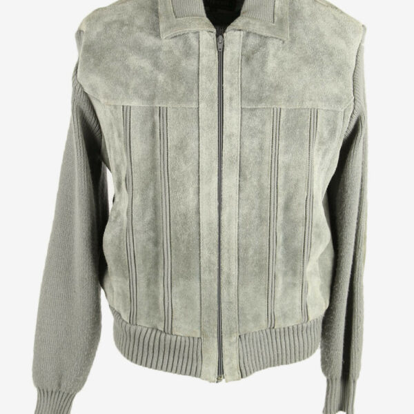 Suede Cardigan Jacket Vintage Elbow Patch Zip Up Retro 80s Grey Size XL