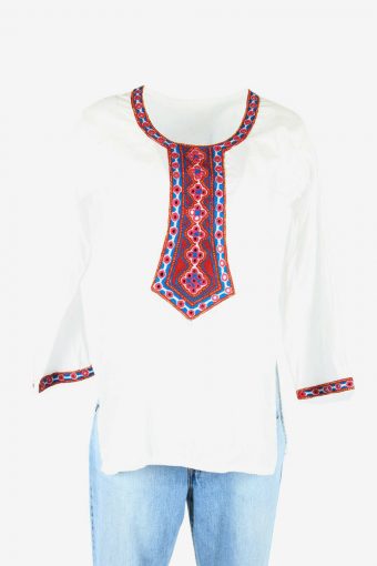 Vintage Embroidered Blouse Hippie Gypsy Tunic Top 90s White Size M