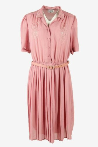 Vintage Embroidered Long Dress Collared Lined Belted 90s Pink Size UK 18